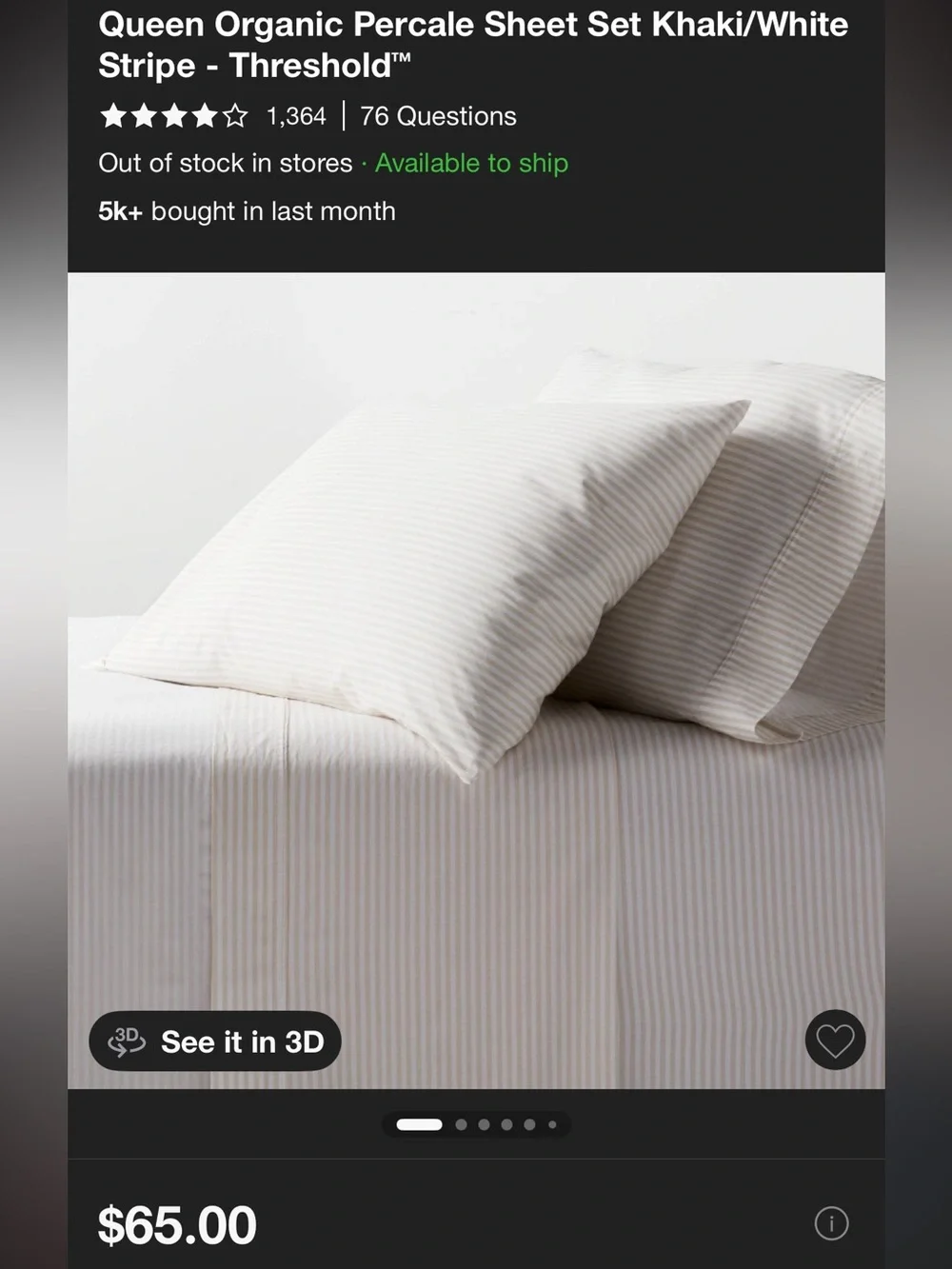 Threshold Queen 201-400 Organic Washed Percale Sheet Set Khaki/White Stripe